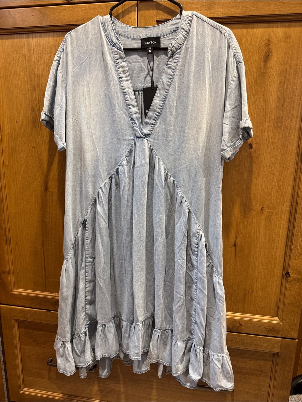 Heyson Light Blue Tencel Denim-Effect V-Neck Ruffle Tunic